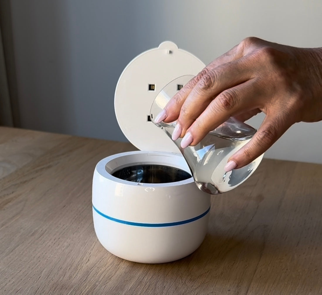 Guide til brug af HI-GENE ultralydsrenser – trin-for-trin instruktion i, hvordan man fylder maskinen med vand, placerer tandbøjle eller smykke, tænder maskinen og rengør effektivt.